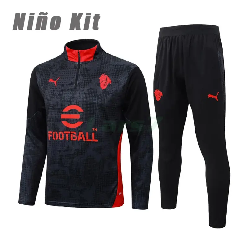 Sudadera De Entrenamiento AC Milan 2025/2026 Niño Kit Negro/Rojo con Estampado