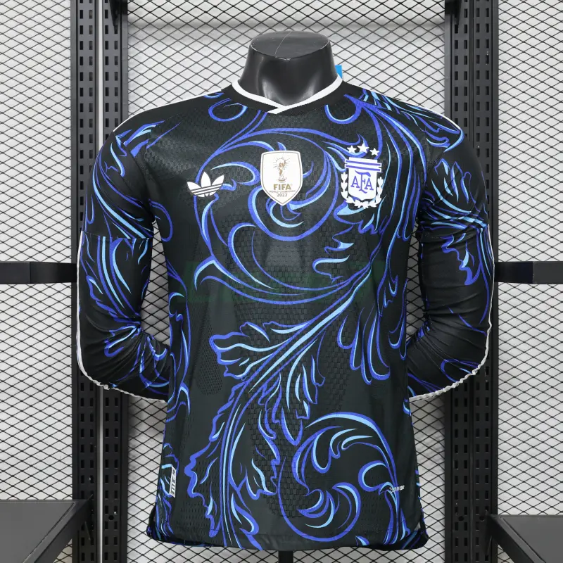 Camiseta Argentina 2ª Equipación Mundial 2026 ML Negro/Azul con FIFA2022 (EDICIÓN JUGADOR)