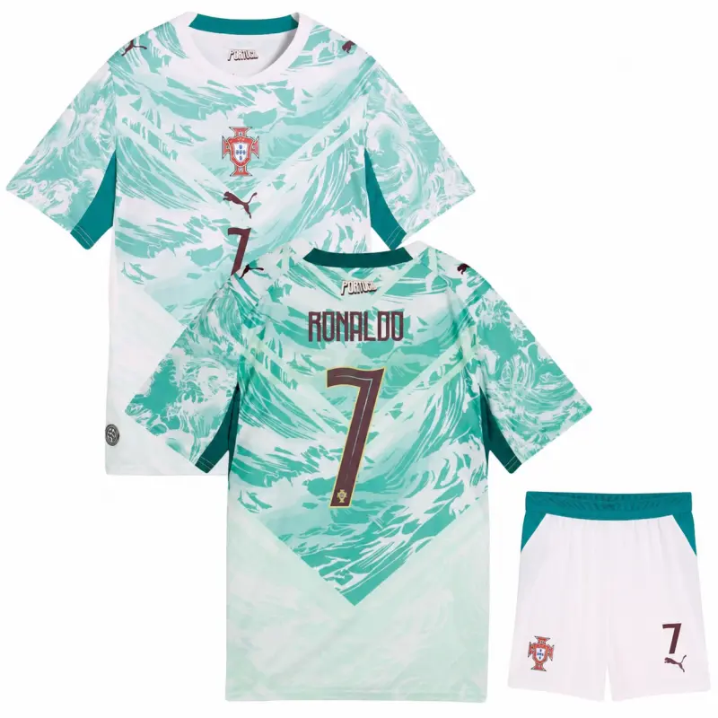 Camiseta Ronaldo 7 Portugal 2ª Equipación Mundial 2026 Verde/Blanco Niño Kit