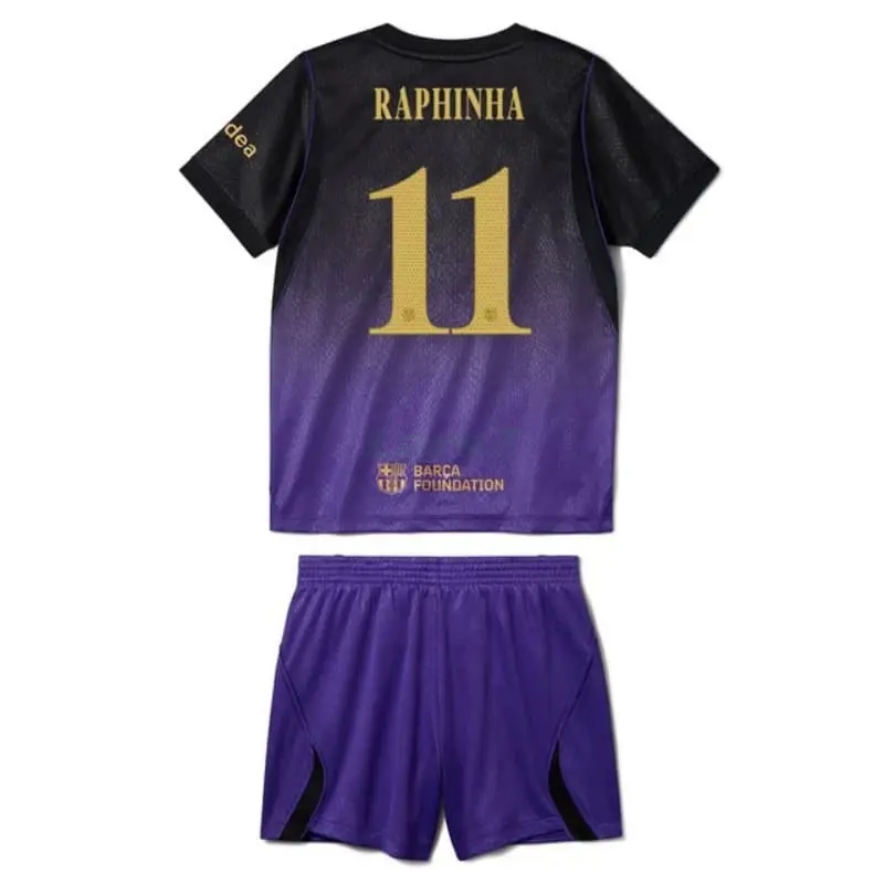 Camiseta RAPHINHA 11 Barcelona 2ª Equipación 2026/2027 Negro/Morado Niño Kit UCL