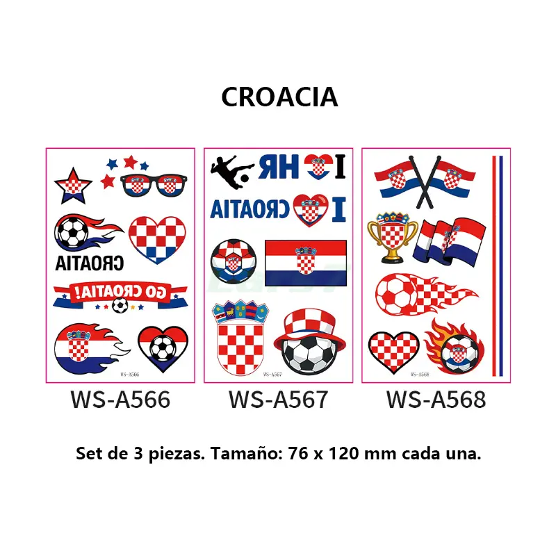 Set de 3 tatuajes temporales de banderas del Mundial 2026
